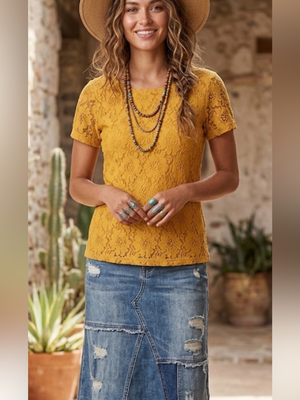 Lace Blouse Women’s Small Layered Romantic Chic Top Worn Out Mustard color